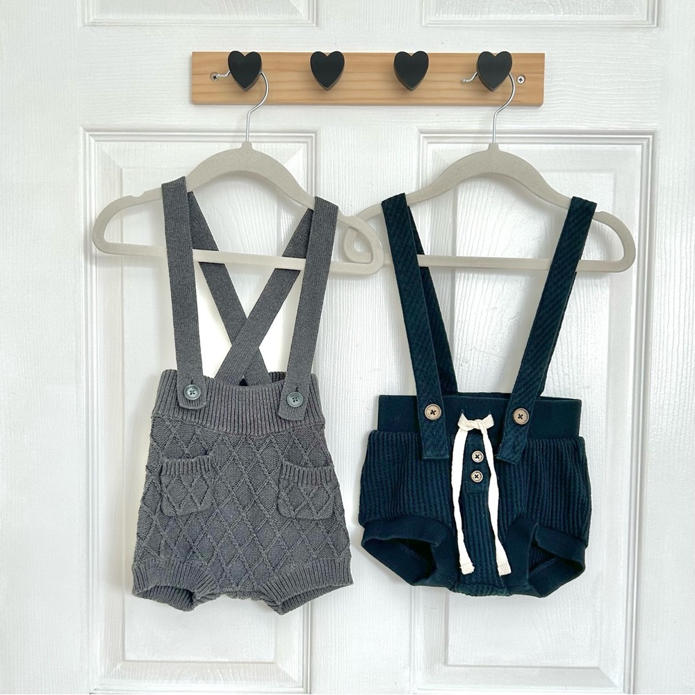 NWOT Jamie Kay Baby Suspender Shorts Bloomers Gray Knit, Blue Waffle 1 yr 12 mo